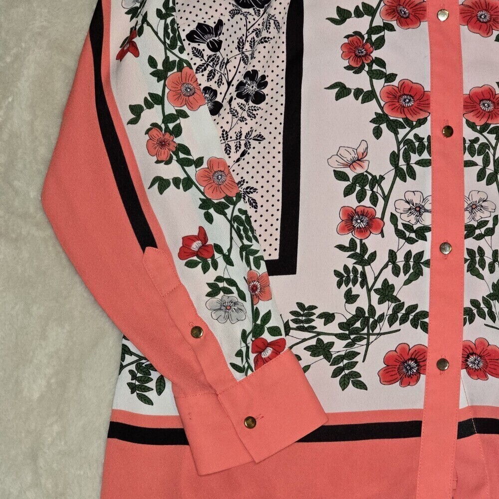 Liz Claiborne Career Floral Button Blouse Women’s Medium Long Sleeve Coral Black - Picture 6 of 10